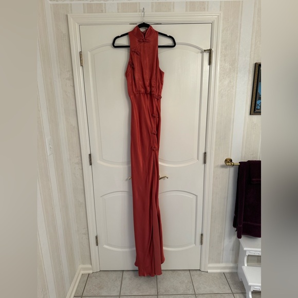 SAU LEE Michelle Gown Terracotta Pink Silk Satin Maxi Dress Qipao - Picture 4 of 7